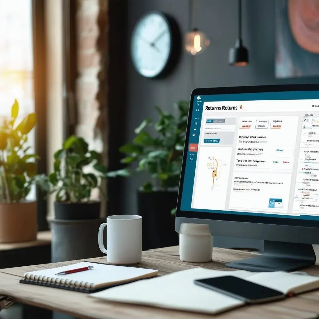 The image depicts a sleek, modern workspace featuring a large computer monitor displaying an intuitive returns management software interface